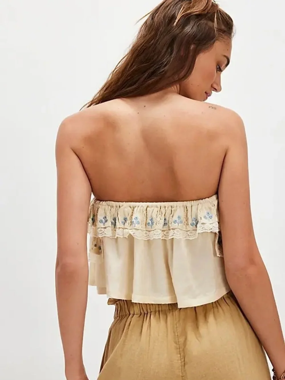 Free People Talia Boho Ruffle Corset Tube Top In Cream & Dusty Blue